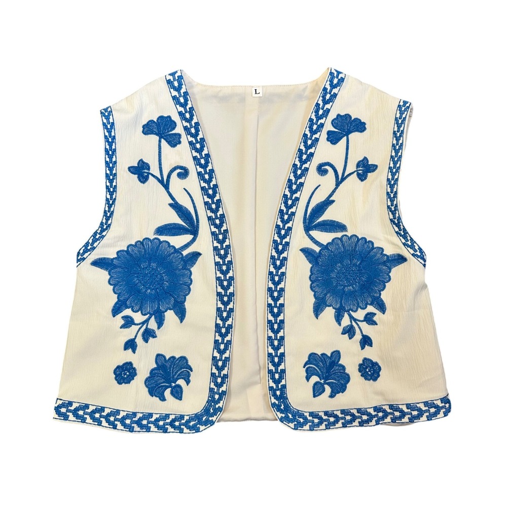 Floral Folk Woven Embroidered Look Crop Vest Blue & Ivory Y2K Large